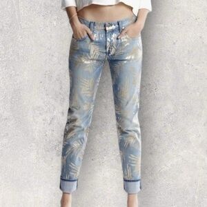7 For All Mankind Cropped Relaxed Skinny Jeans Gold Leaf Print (Sample) NWT